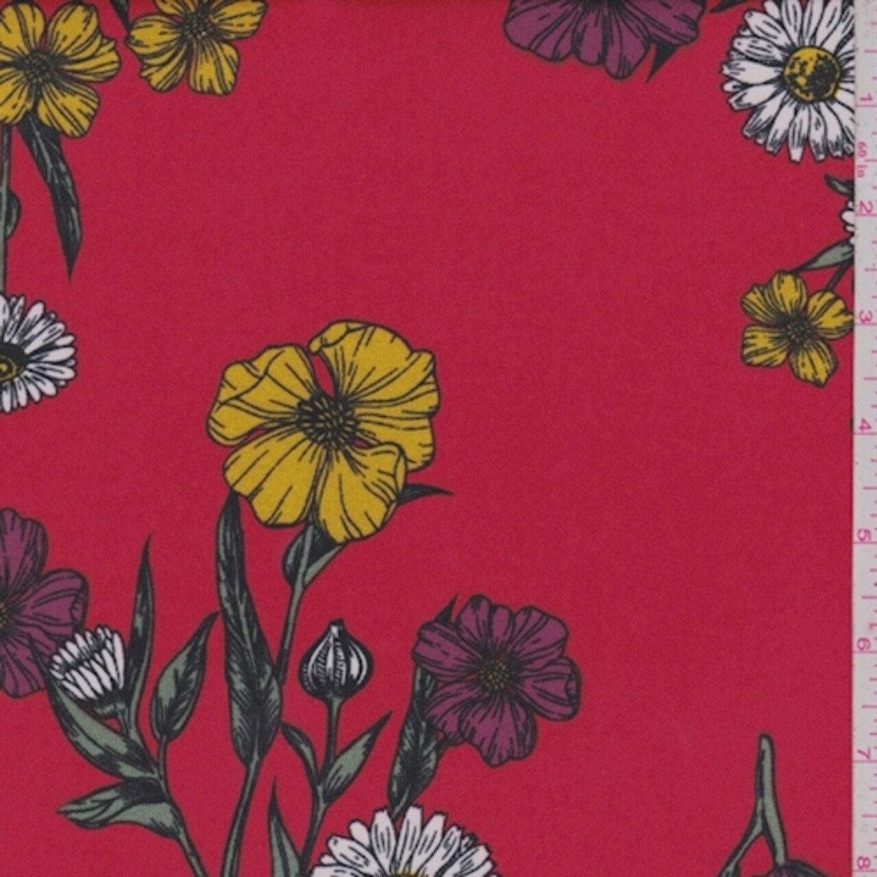 Red Daisy Floral Double Brushed Jersey Knit Fabric By the Yard